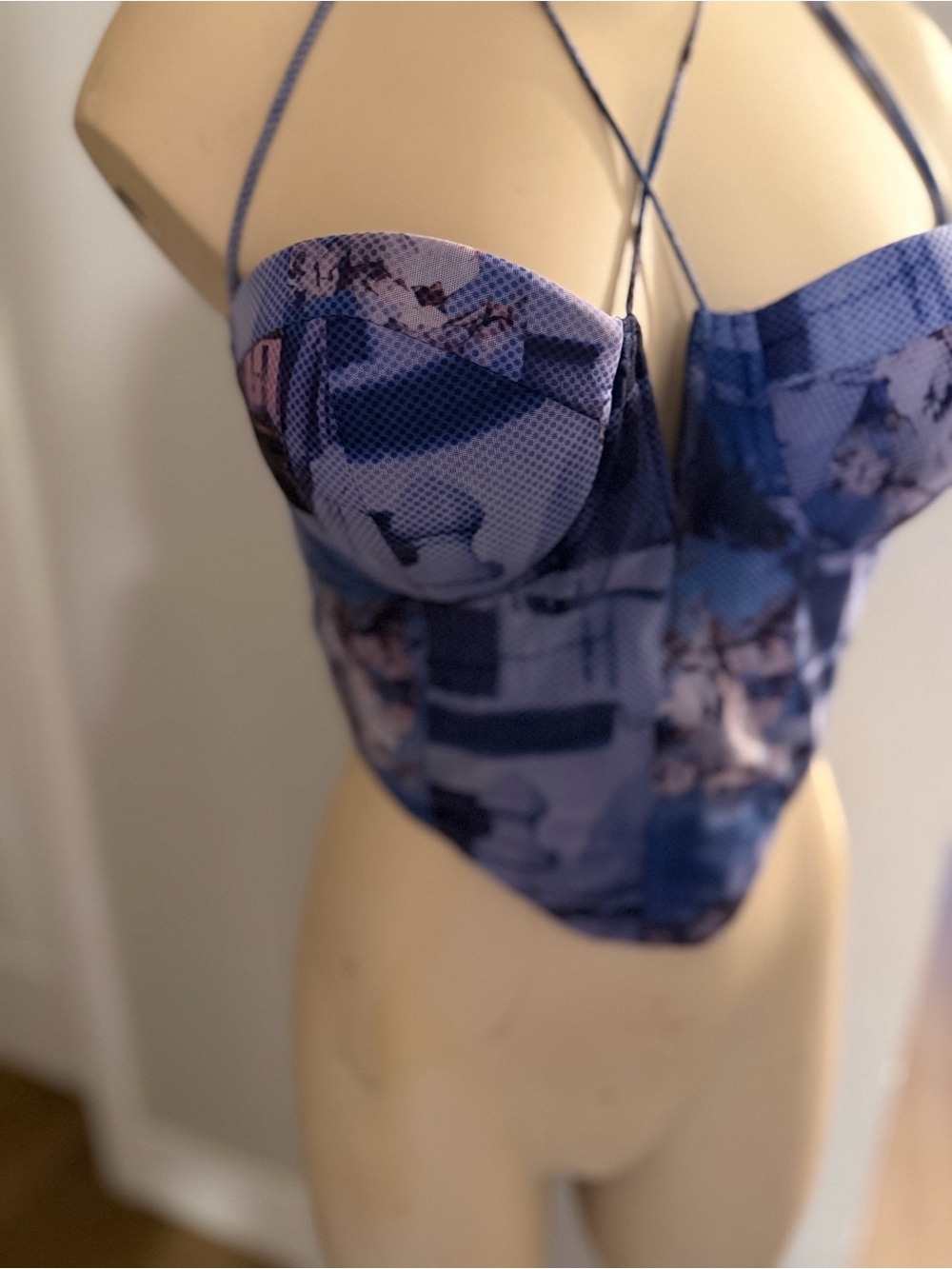 Fashion Nova Blue Printed Bustier Bodysuit